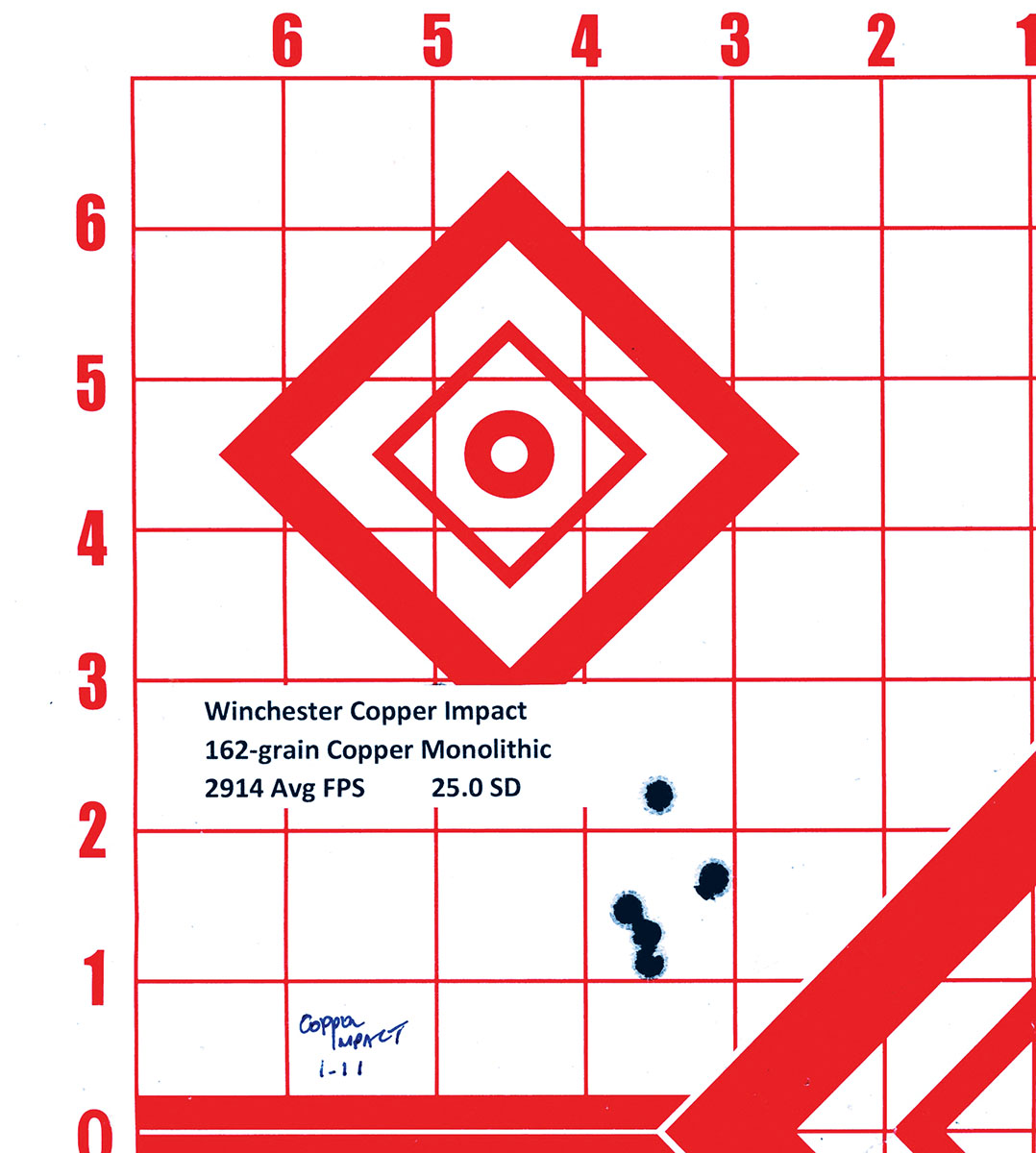 A target showing the results of testing Winchester Copper Impact  ammunition.